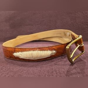 Tony Lama Leather Belt w/ Cowhide  Cow Hair Sz 44 NWOT GL84302 Gold Tone Buckle